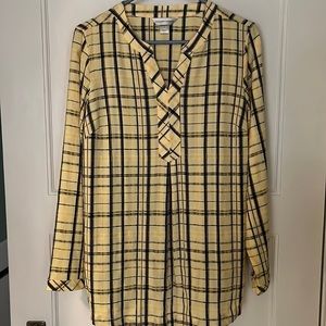 Yellow and blue long sleeved tunic with pleating in back